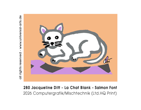 Jacqueline Ditt - Samy's Dog Art - La Chat Blanc - Salmon Font (Die Weisse Katze - Lachsfarbener Hintergrund)